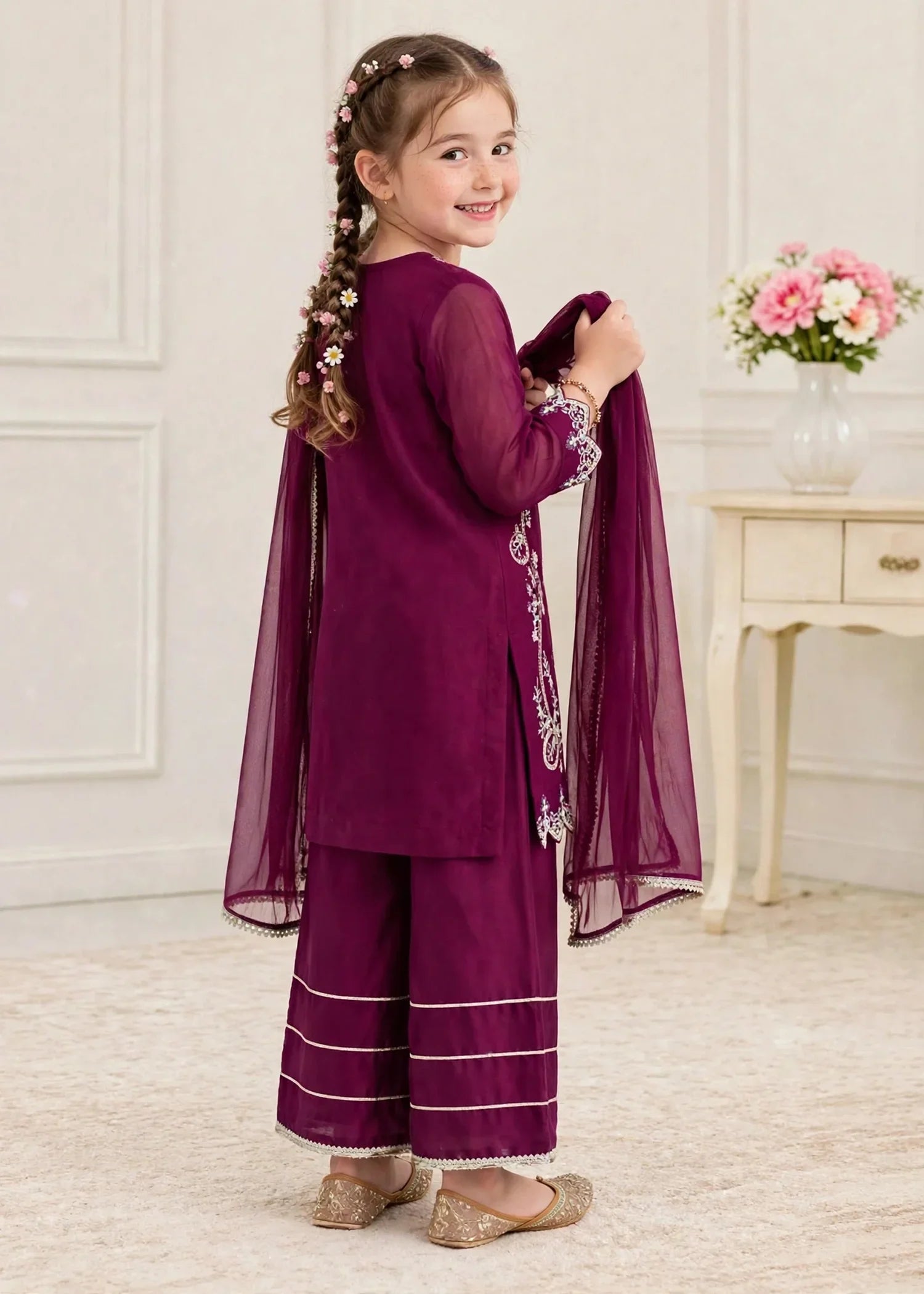 3 Piece Purple Chiffon Embroidered Outfit