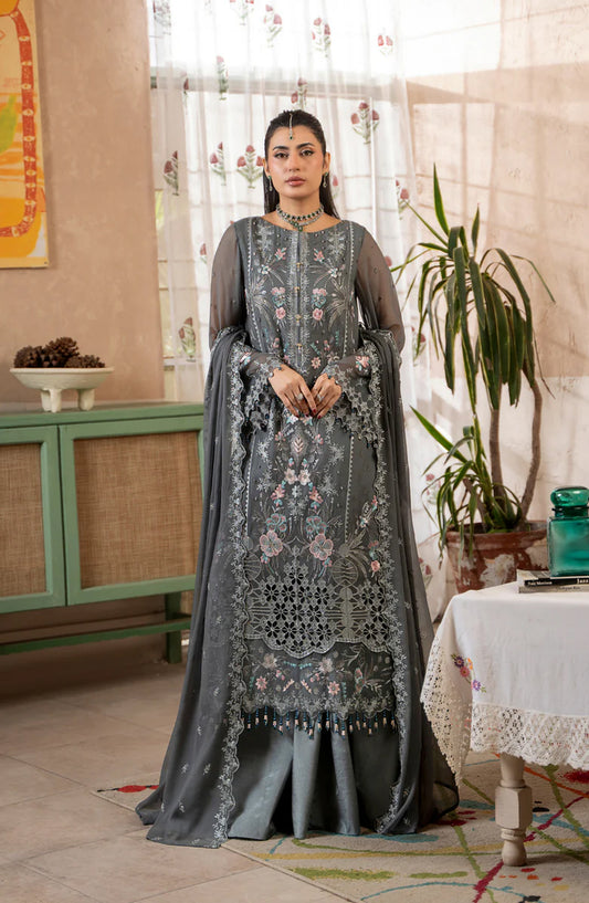 Aura by Zebtan Embroidered Chiffon Unstitched 3 Piece Suit - AR-09 - ZBT26AR - Grey - Formal Collection
