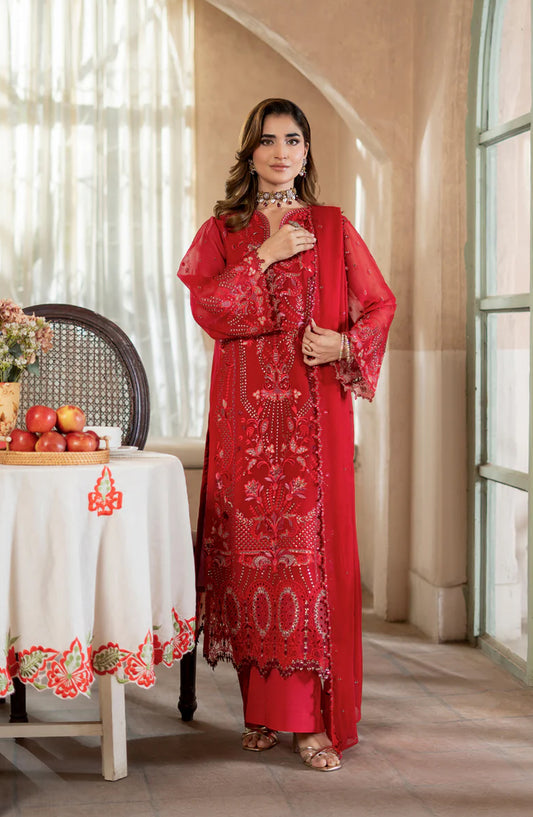 Aura by Zebtan Embroidered Chiffon Unstitched 3 Piece Suit - AR-01 - ZBT26AR - Red - Formal Collection