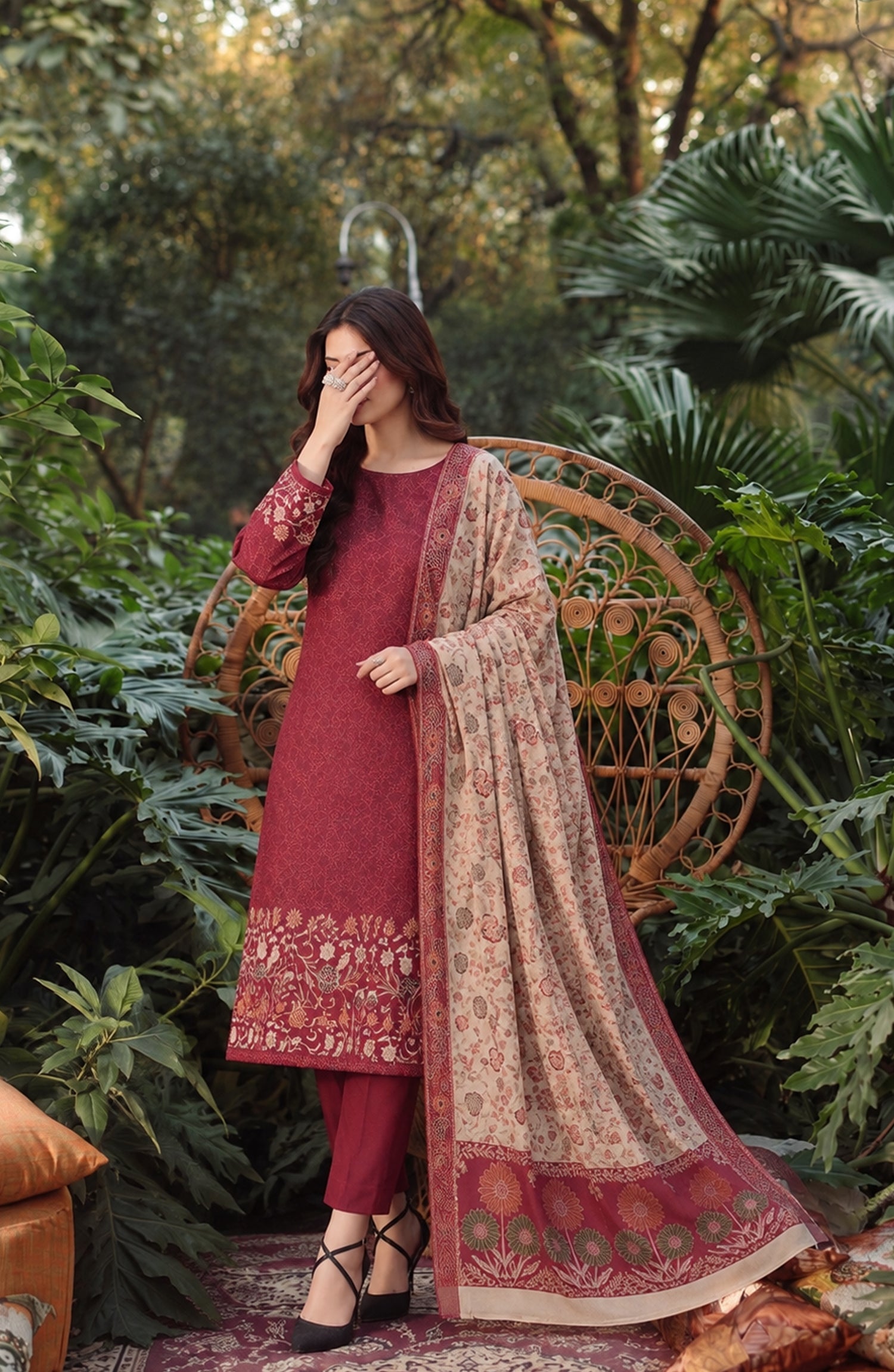 Aveline by Amna Khadija Printed Supreme Wool Unstitched 3 Piece Suit - AKAW-15 - AM26TRV - Red - Winter Collection