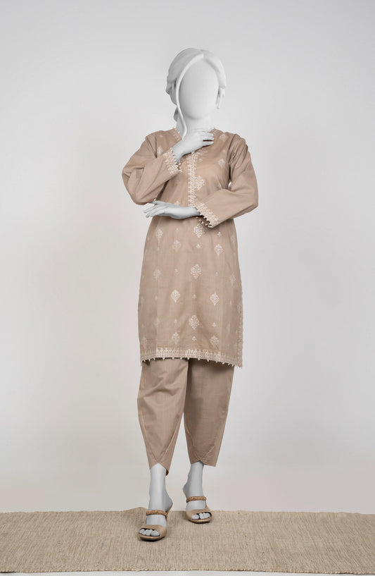 Ayla Embroidered Chambray Stitched 2 Piece Solids - EAE210105C - AY25SW - Mushroom Beige - Winter Collection