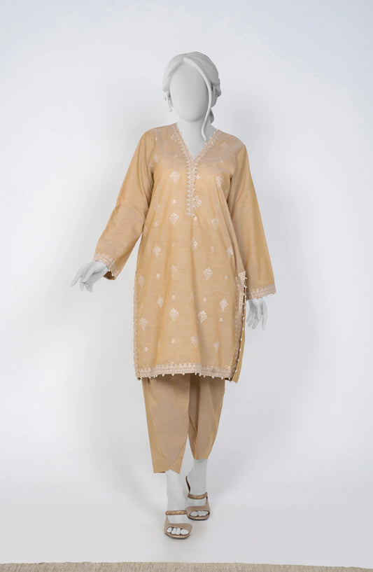 Ayla Embroidered Chambray Stitched 2 Piece Solids - EAE210105D - AY25SW - Beige - Winter Collection
