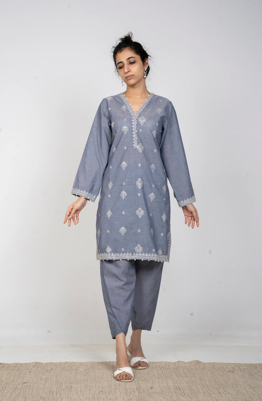 Ayla Embroidered Chambray Stitched 2 Piece Solids - EAE210105G - AY25SW - Charcoal - Winter Collection