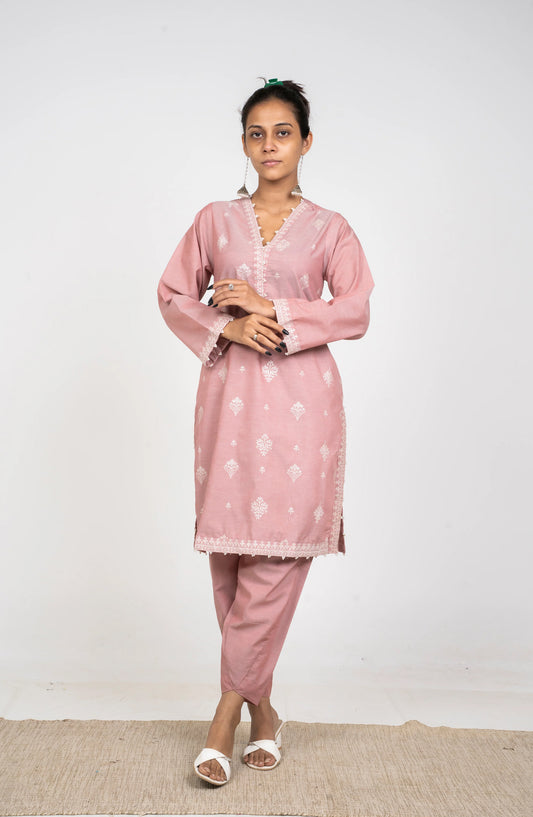 Ayla Embroidered Chambray Stitched 2 Piece Solids - EAE210105A - AY25SW - Pink - Winter Collection