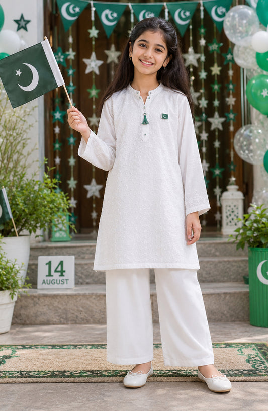 Azadi by Amna Khadija Embroidered Cotton Stitched 2 Piece Co-ord Set - 01 White - AM26AZDI - Girls Collection