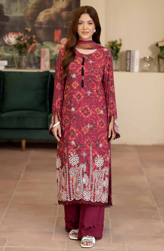 Azir by Johra Embroidered Staple Slub Unstitched 3 Piece Suit - JW-188 - JH25AZIR - Red - Winter Collection