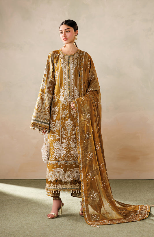 Baroque Embroidered Lawn Unstitched 3 Piece Suit - D-07 - BQ26LE - Mustard - Eid Collection