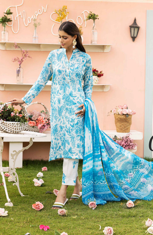 Basics by Mahay Digital Printed Lawn Unstitched 3 Piece Suit - Design-09 - AK25MHB - Blue - Summer Collection