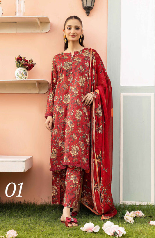 Basics by Mahay Digital Printed Lawn Unstitched 3 Piece Suit - Design-01 - AK25MHB - Red - Summer Collection
