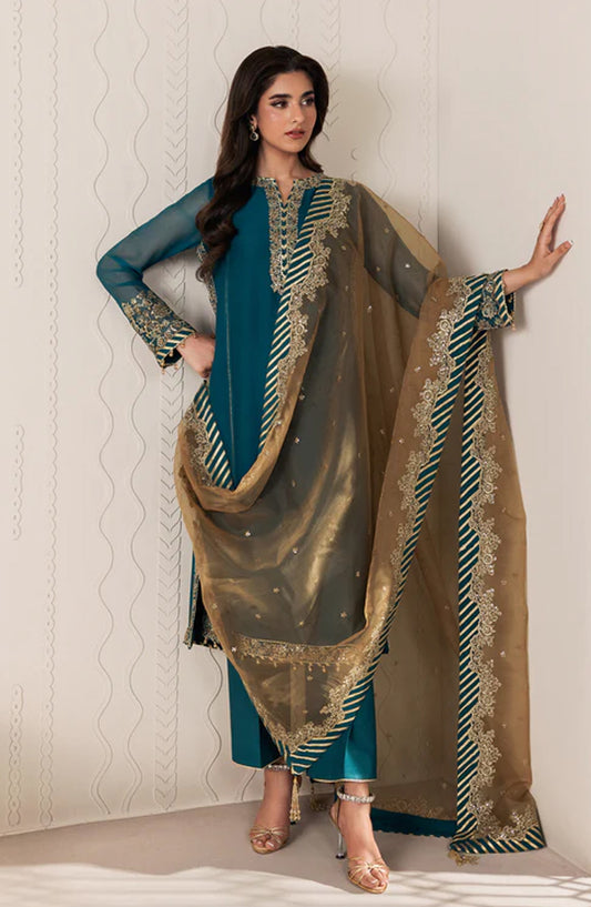 Bayaan by Zarif Embroidered Chiffon Unstitched 3 Piece Suit - 06 Jheel - ZRF26BYN - Ferozi - Festive Collection