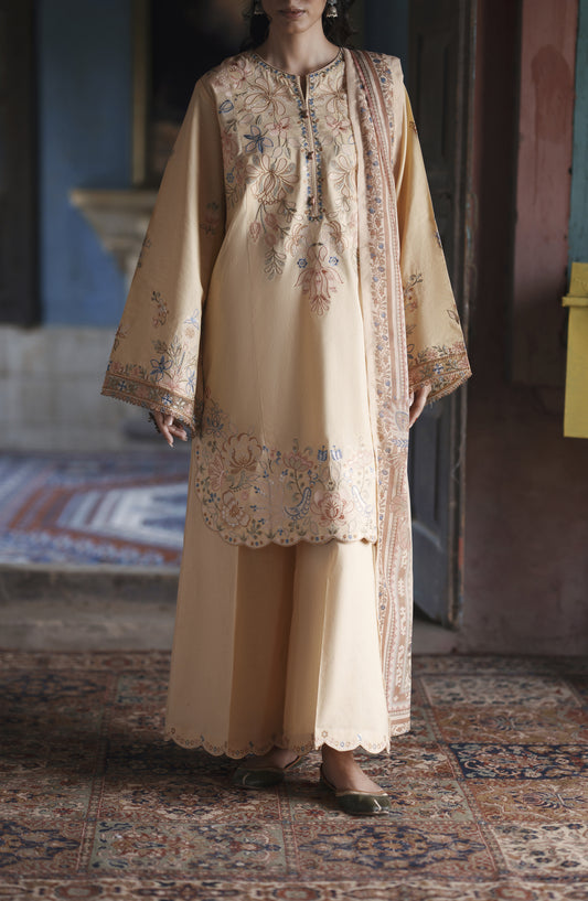 Before Sunset by Casual Lite Embroidered Cotton Lawn Stitched 3 Piece Suit - Golden Blossom - CL26BSNT - Fawn - Summer Collection