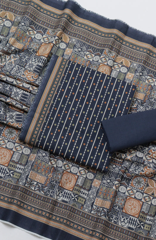 Bin Saeed Printed Khaddar Unstitched 3 Piece Suit - D-04 - BS26KTR - Blue - Winter Collection