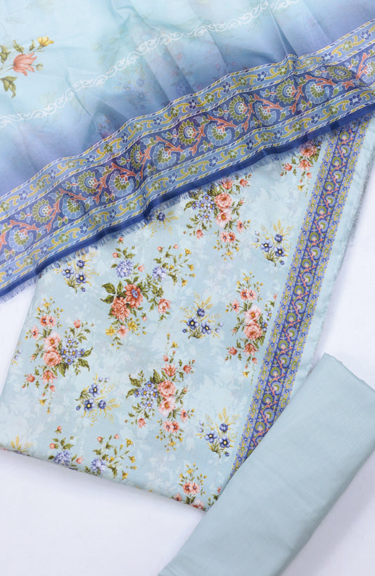 Bin Saeed Digital Printed Cotton Cambric Unstitched 3 Piece Suit - Design-49 - BS25DCC - Light Blue - Summer Collection