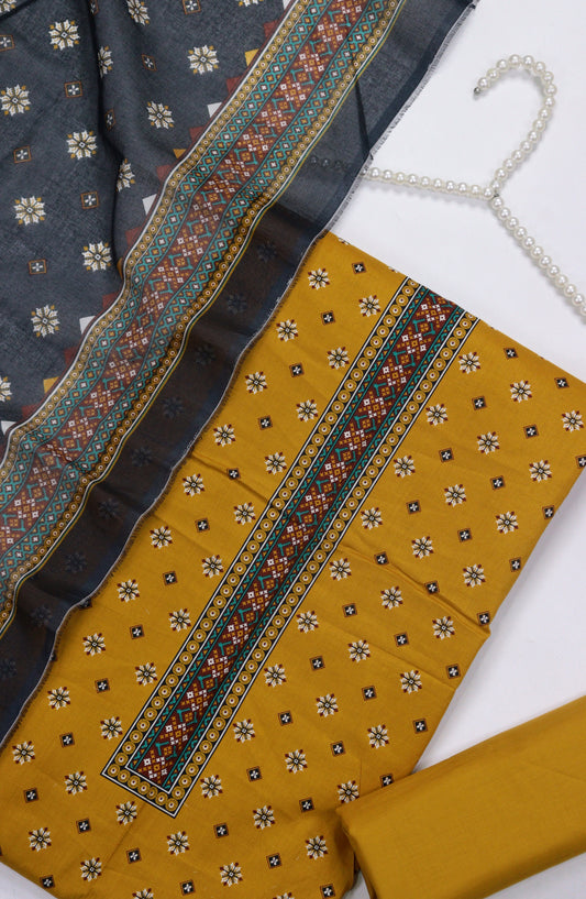 Bin Saeed Digital Printed Cotton Unstitched 3 Piece Suit - Design-B-08 - BS25DPR - Mustard - Winter Collection