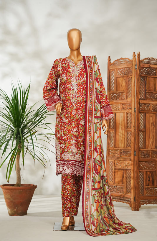 Bin Saeed Embroidered Lawn Stitched 3 Piece Suit - Design-05 - BS26EMB - Red - Summer Collection
