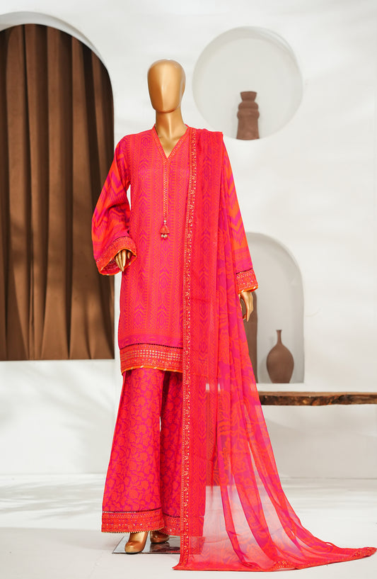 Bin Saeed Embroidered Lawn Stitched 3 Piece Suit - D-04 - BS26FTV - Red - Festive Collection