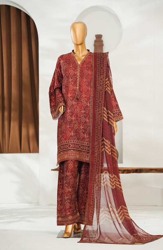 Bin Saeed Embroidered Lawn Stitched 3 Piece Suit - D-02 - BS26FTV - Maroon - Festive Collection