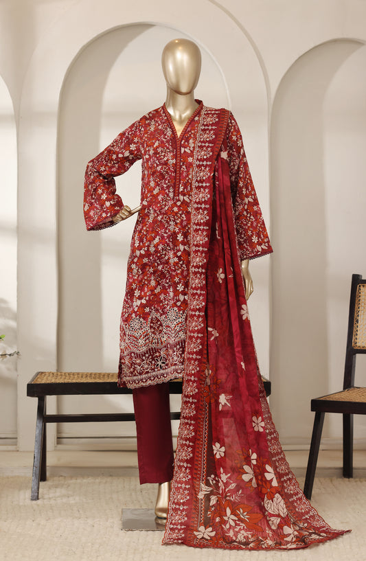 Bin Saeed Luxury Embroidered Lawn Stitched 3 Piece Suit - D-04 - BS26LES - Red - Summer Collection