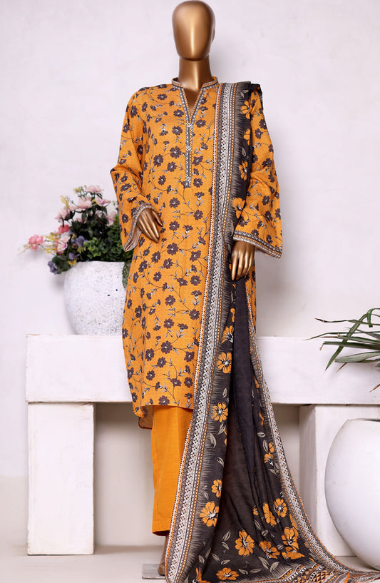 Bin Saeed Printed Khaddar Stitched 3 Piece Suit - Design-03 - BS25PKD - Yellow - Winter Collection
