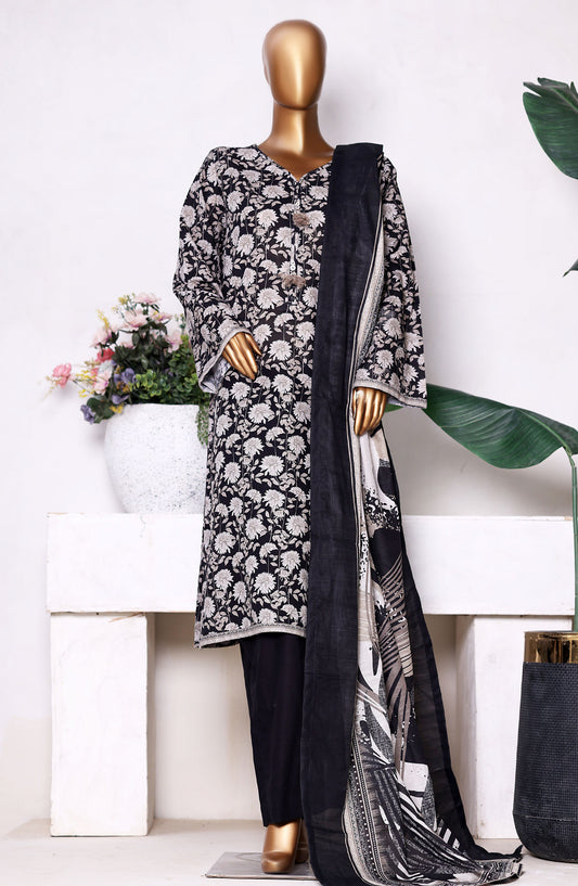Bin Saeed Printed Khaddar Stitched 3 Piece Suit - Design-10 - BS25PKD - Black - Winter Collection