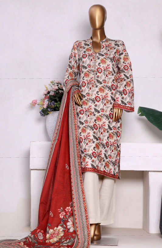 Bin Saeed Printed Khaddar Stitched 3 Piece Suit - Design-11 - BS25PKD - Off White - Winter Collection