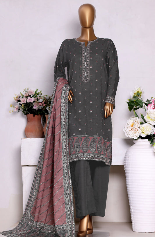 Bin Saeed Printed Khaddar Stitched 3 Piece Suit - Design-12 - BS25PKD - Grey - Winter Collection