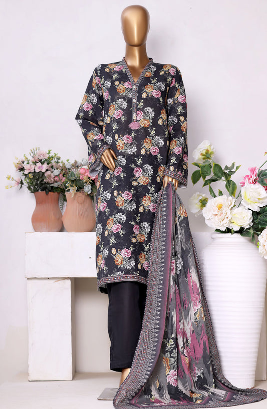 Bin Saeed Printed Khaddar Stitched 3 Piece Suit - Design-15 - BS25PKD - Black - Winter Collection