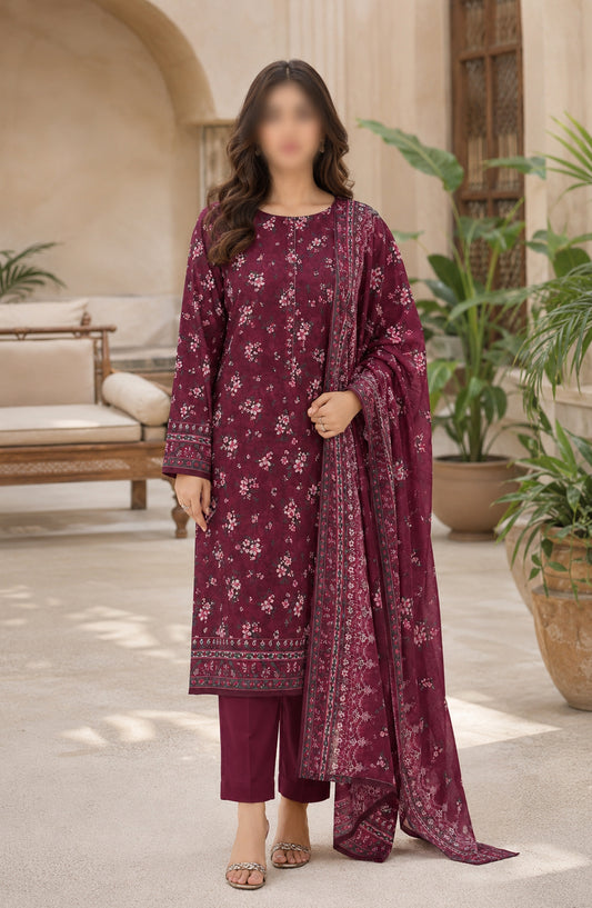 Bin Saeed Printed Lawn Unstitched 3 Piece Suit - PD-03 - BS26DCS - Maroon - Summer Collection
