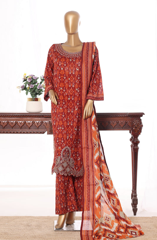Bin Saeed Embroidered Lawn Stitched 3 Piece Suit - Design-03 - BS26BRD - Rust - Summer Collection
