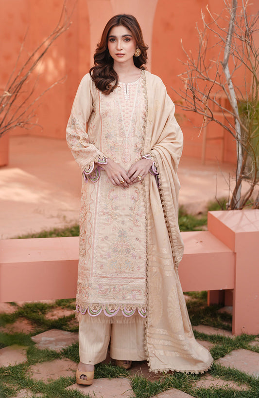 Bloom by Johra Premium Luxury Embroidered Dhanak Unstitched 3 Piece Suit - JW-601 - JH25BLOM - Fawn - Winter Collection