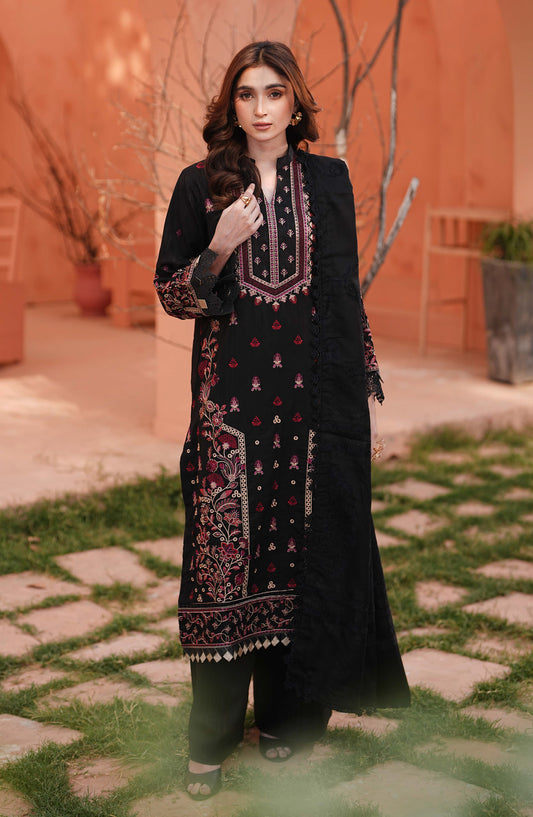 Bloom by Johra Premium Luxury Embroidered Dhanak Unstitched 3 Piece Suit - JW-595 - JH25BLOM - Black - Winter Collection