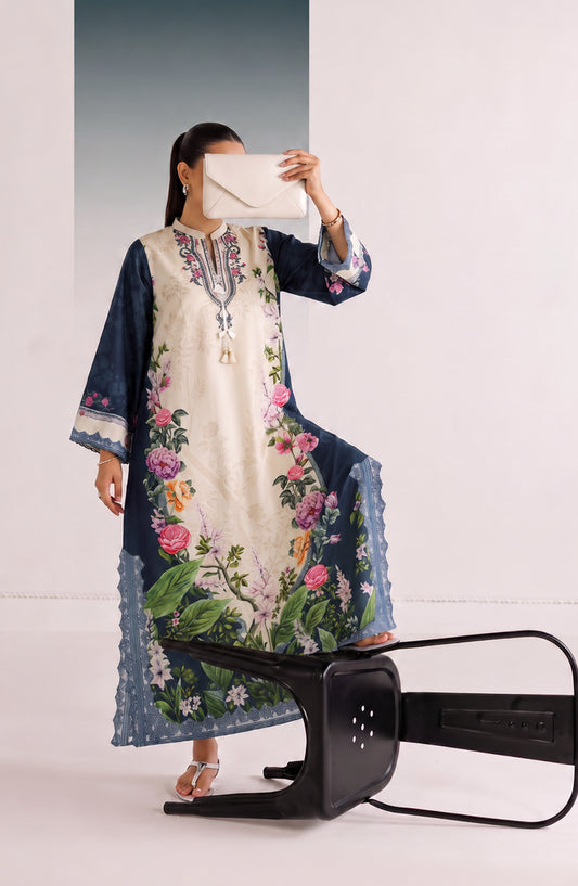Boho by Amna Khadija Printed D Crepe Stitched Kaftan - AKPB-03 - AM26BOH - Blue White - Summer Collection