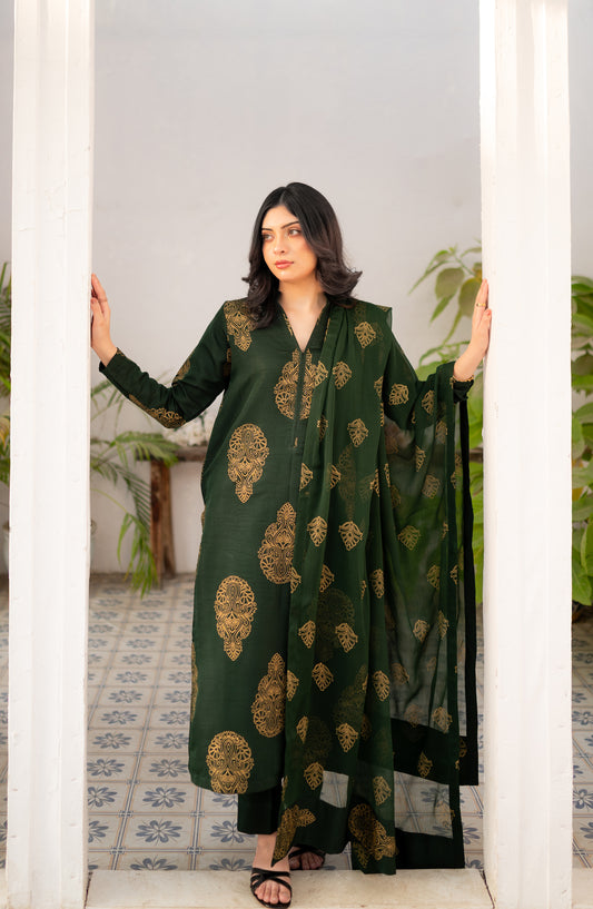 Bottle Green Kurta Set Printed Rawsilk Stitched 3 Piece Suit - ZAU-BGKS - ZK26ED - Eid Collection