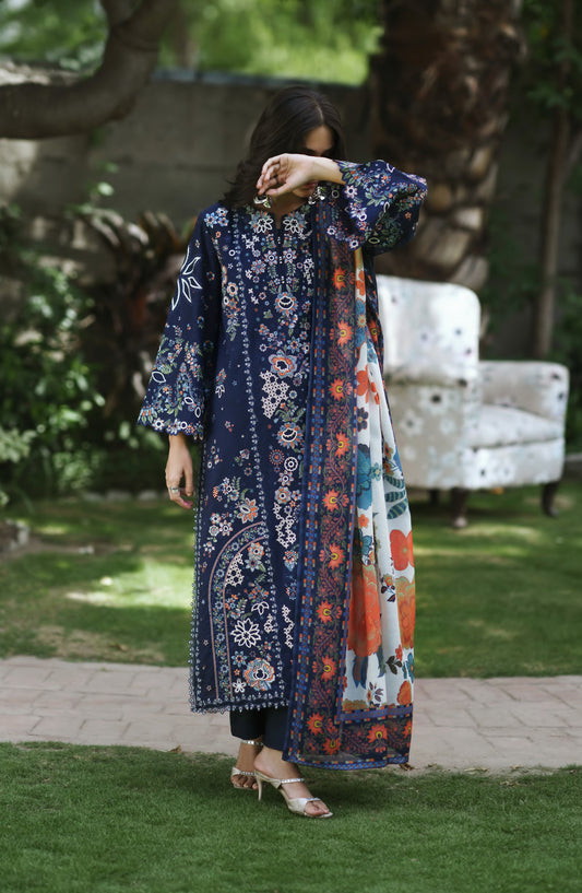 Breathe by Casual Lite Embroidered Cotton Cambric Stitched 3 Piece Suit - 05 Eira Bloom - CL26BRTH - Blue - Summer Collection