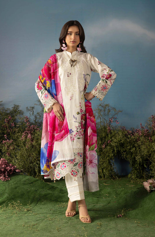 Butterfly by Riaz Arts Luxury Embroidered Lawn Unstitched 3 Piece Suit - D-07 - RA26BTR - Pink Off White - Summer Collection