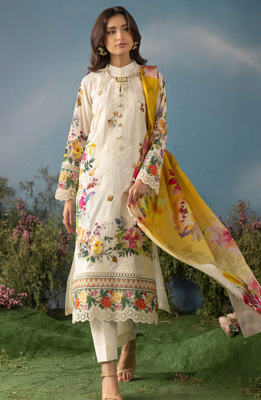 Butterfly by Riaz Arts Luxury Embroidered Lawn Unstitched 3 Piece Suit - D-05 - RA26BTR - Yellow White - Summer Collection
