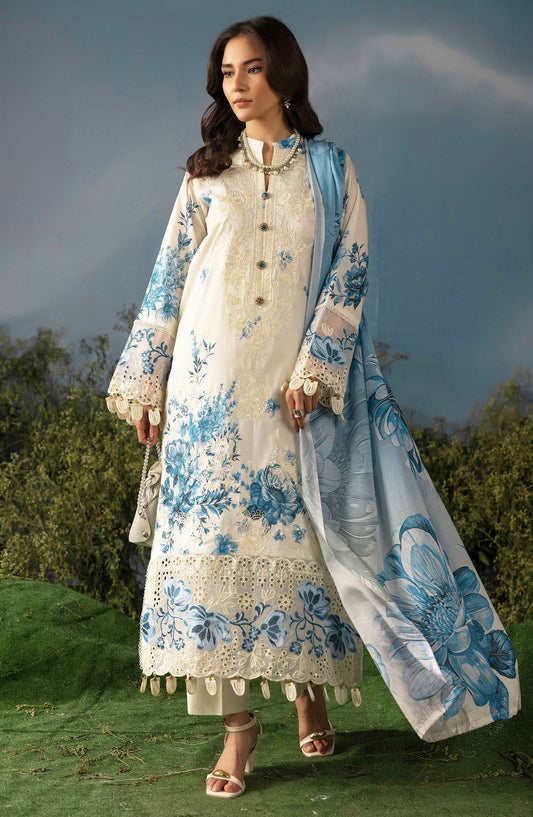 Butterfly by Riaz Arts Luxury Embroidered Lawn Unstitched 3 Piece Suit - D-04 - RA26BTR - Blue White - Summer Collection