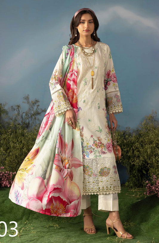 Butterfly by Riaz Arts Luxury Embroidered Lawn Unstitched 3 Piece Suit - D-03 - RA26BTR - Pink Off White - Summer Collection