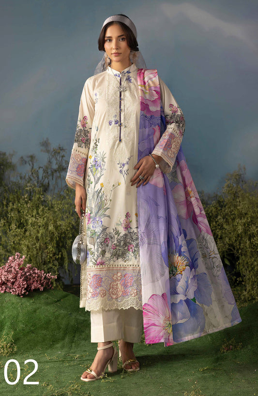 Butterfly by Riaz Arts Luxury Embroidered Lawn Unstitched 3 Piece Suit - D-02 - RA26BTR - Purple White - Summer Collection