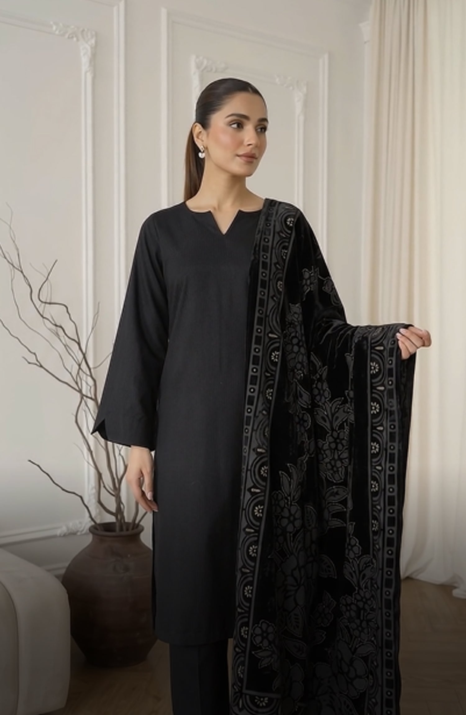 Calira by Amna Khadija Fancy Dhanak Jacquard Unstitched 3 Piece Suit - AKC-01 - AM26CLR - Black - Winter Collection
