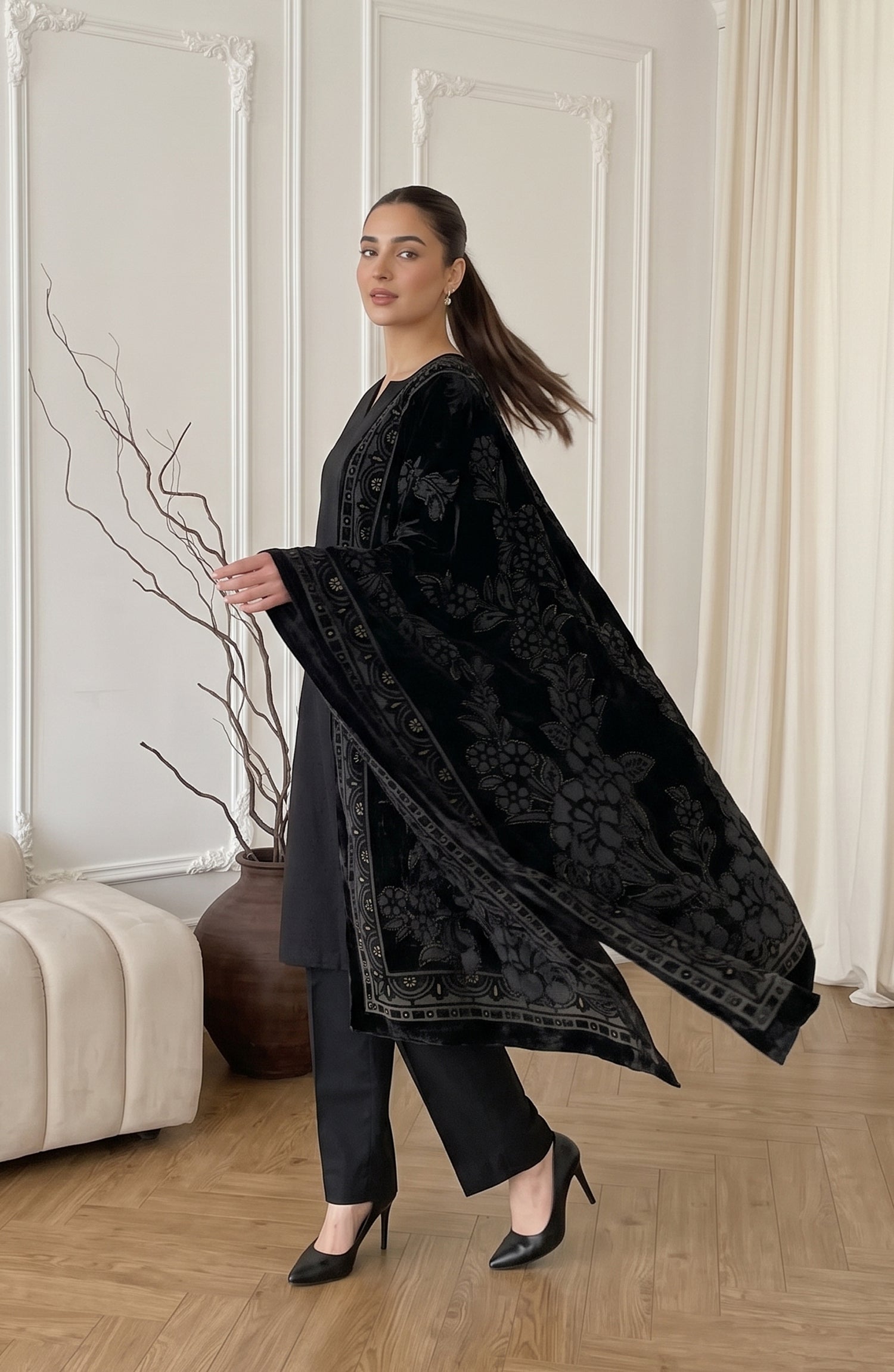 Calira by Amna Khadija Fancy Dhanak Jacquard Unstitched 3 Piece Suit - AKC-01 - AM26CLR - Black - Winter Collection