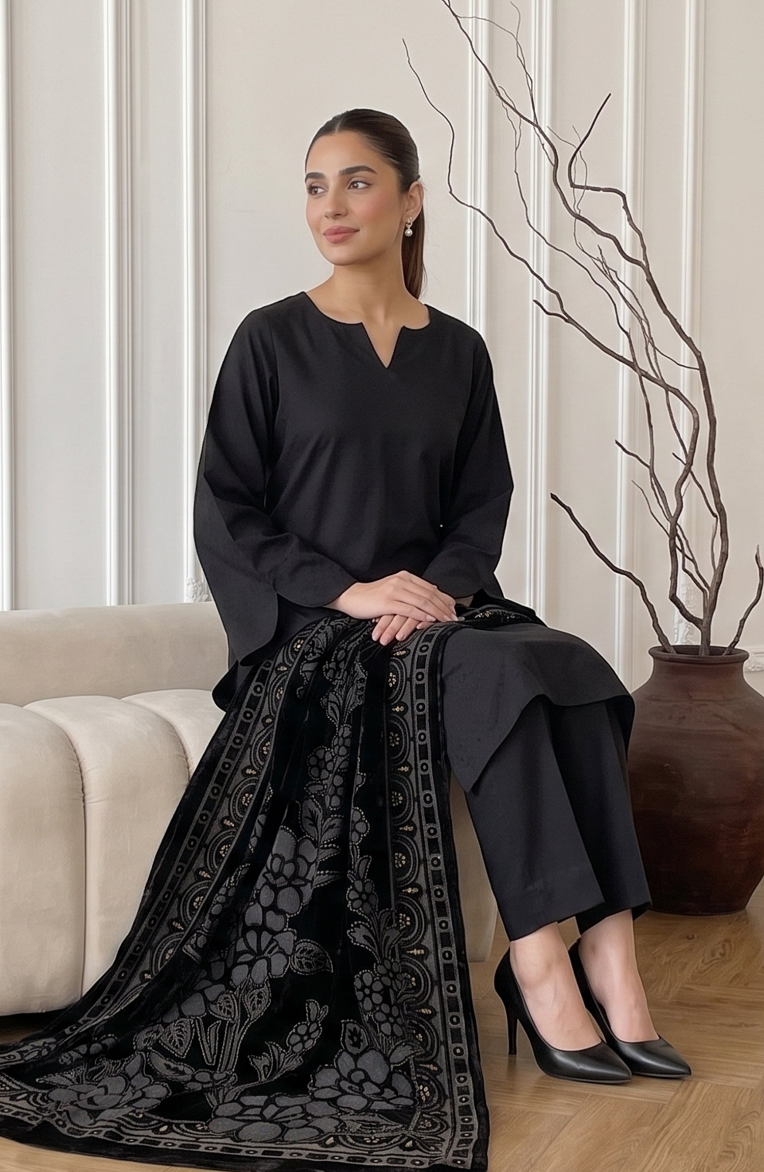 Calira by Amna Khadija Fancy Dhanak Jacquard Unstitched 3 Piece Suit - AKC-01 - AM26CLR - Black - Winter Collection