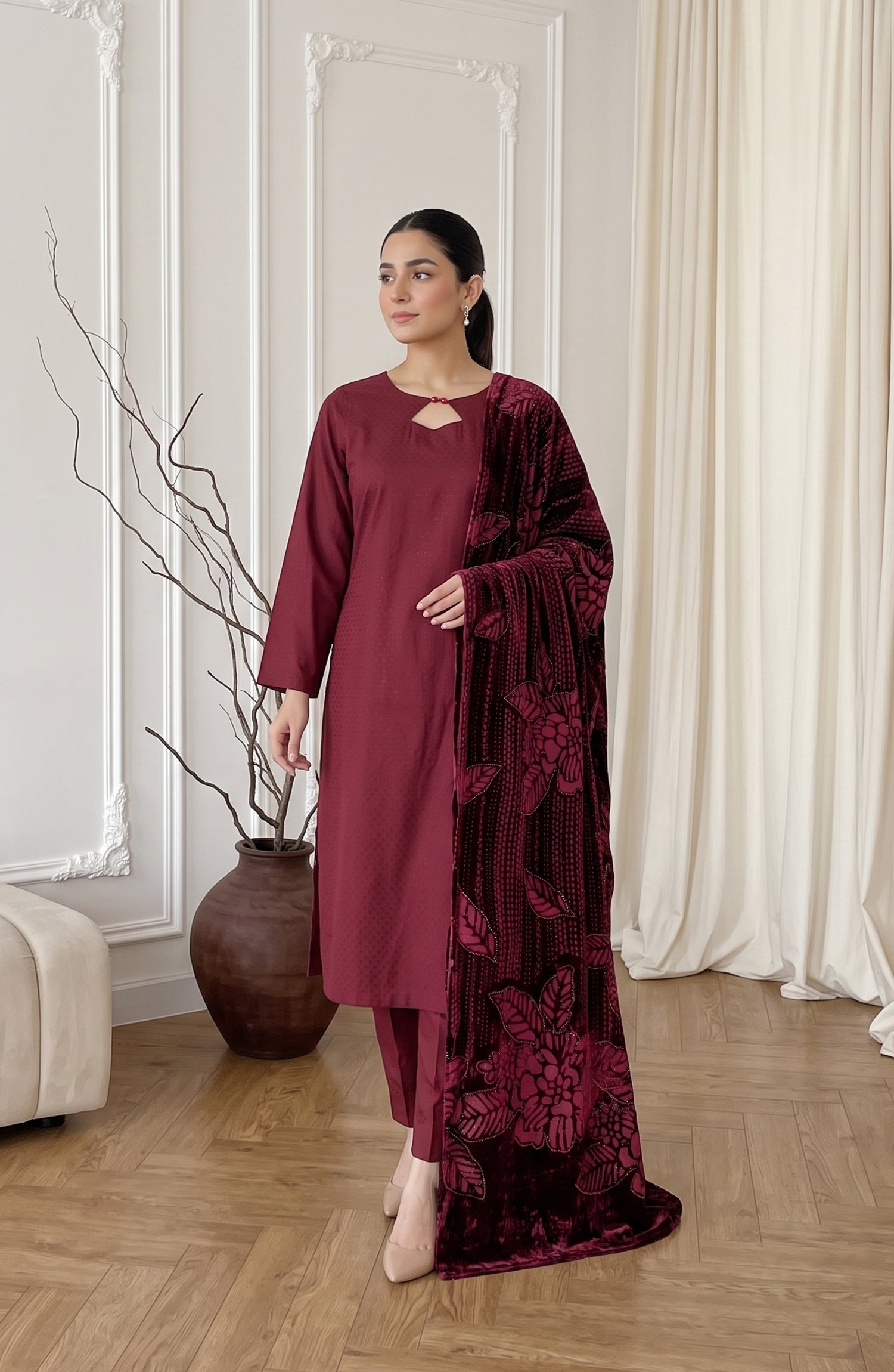 Calira by Amna Khadija Fancy Dhanak Jacquard Unstitched 3 Piece Suit - AKC-04 - AM26CLR - Maroon - Winter Collection