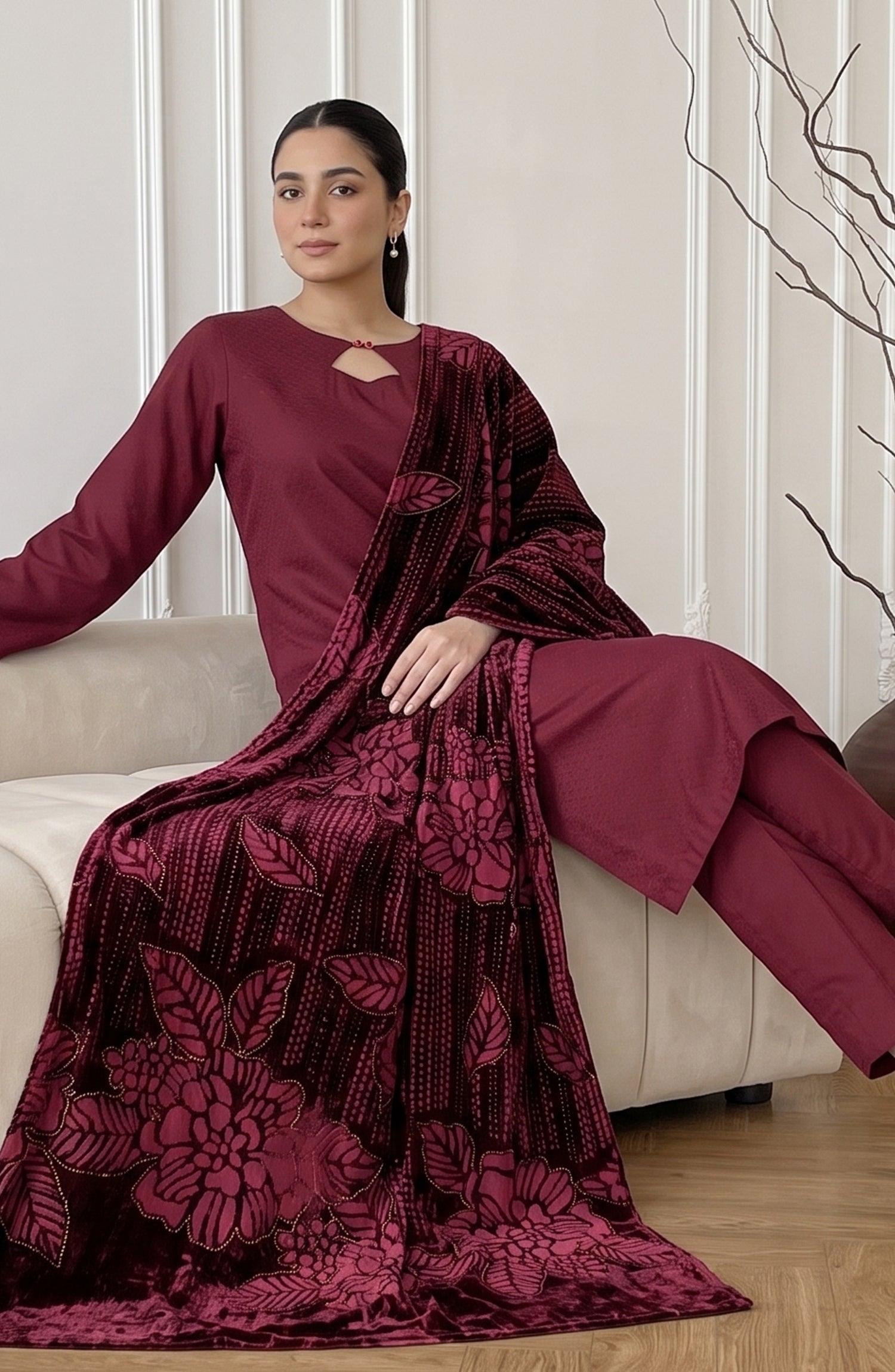 Calira by Amna Khadija Fancy Dhanak Jacquard Unstitched 3 Piece Suit - AKC-04 - AM26CLR - Maroon - Winter Collection
