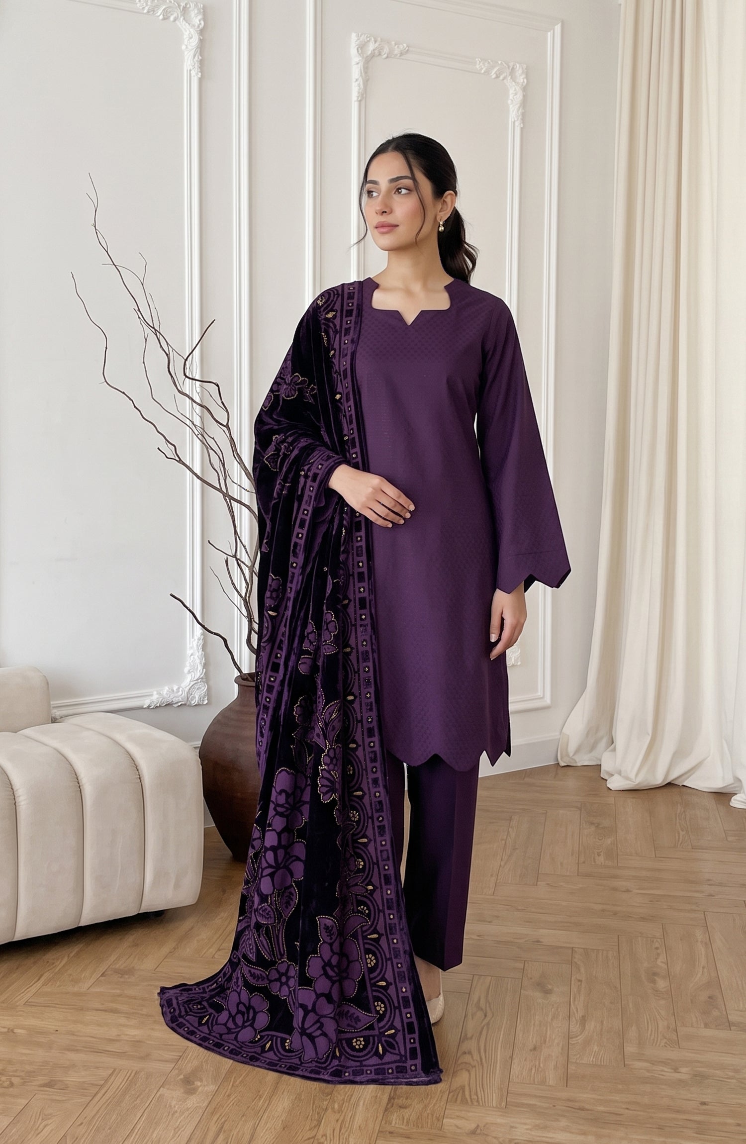 Calira by Amna Khadija Fancy Dhanak Jacquard Unstitched 3 Piece Suit - AKC-05 - AM26CLR - Purple - Winter Collection