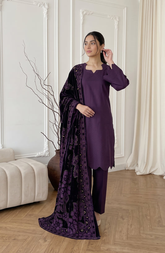Calira by Amna Khadija Fancy Dhanak Jacquard Unstitched 3 Piece Suit - AKC-05 - AM26CLR - Purple - Winter Collection