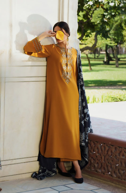 Casual Lite Moksha Embroidered Silk Karandi Stitched 3 Piece Suit - D-02 AZAR - CL26MK - Mustard - Winter Collection