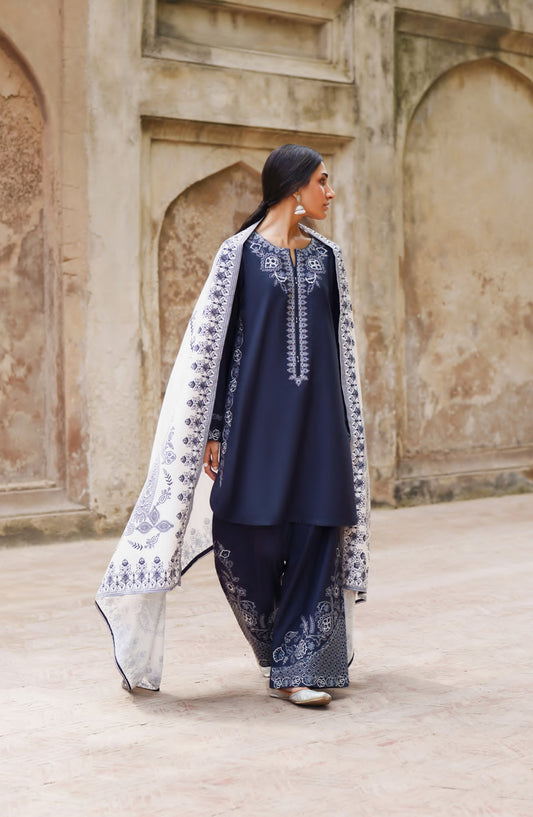 Casual Lite Moksha Embroidered Silk Karandi Stitched 3 Piece Suit - D-05 MASHA - CL26MK - Blue - Winter Collection