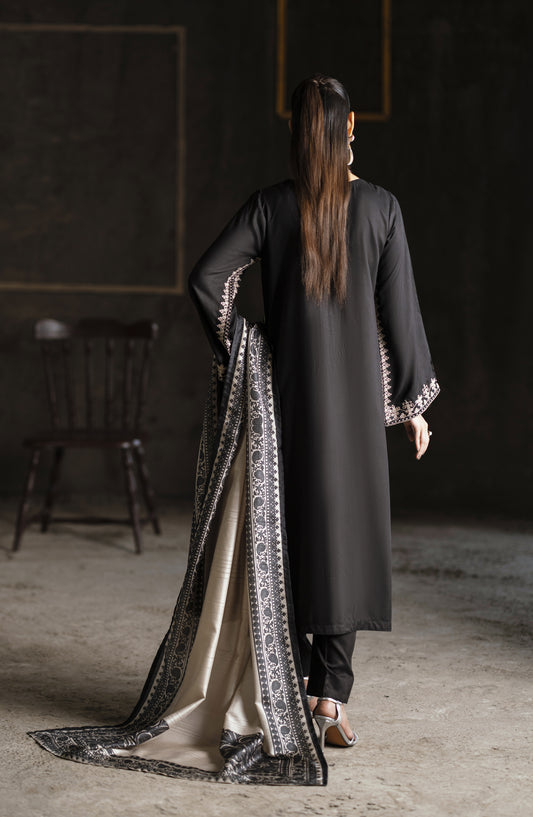 Casual Lite Aik Sitara Premium Embroidered Silk Viscose Stitched 3 Piece Suit - Noir Elegance - CL25AIS - Black - Festive Collection