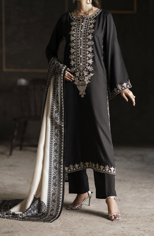 Casual Lite Aik Sitara Premium Embroidered Silk Viscose Stitched 3 Piece Suit - Noir Elegance - CL25AIS - Black - Festive Collection